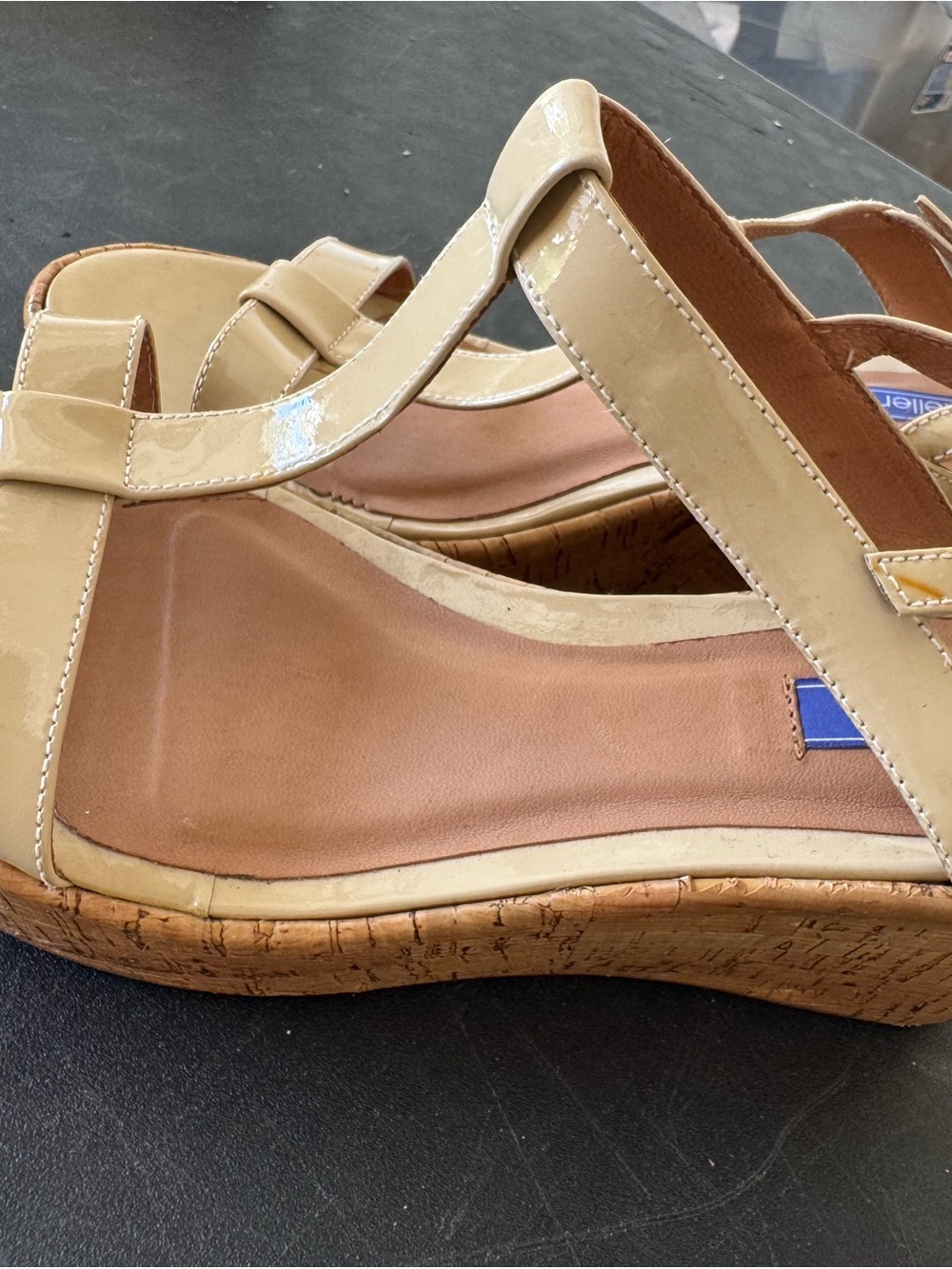 Dee Keller Patent Beige Wedge Sandals - Women's Cork-Style Platform